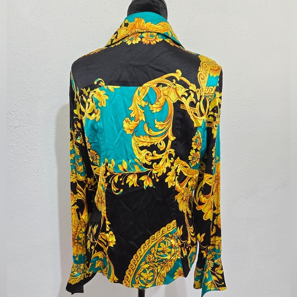 Cache Black and Teal Baroque Silk Shirt Large - Picture 3 of 4